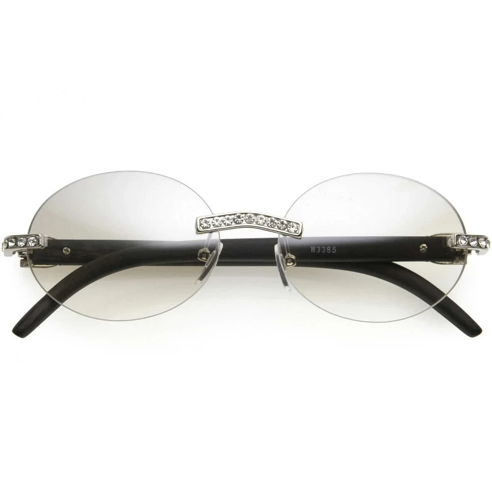 Rimless Sunglasses Rhinestone Silver Clear Lens Wood Grain Arm Men‎ Street Wear